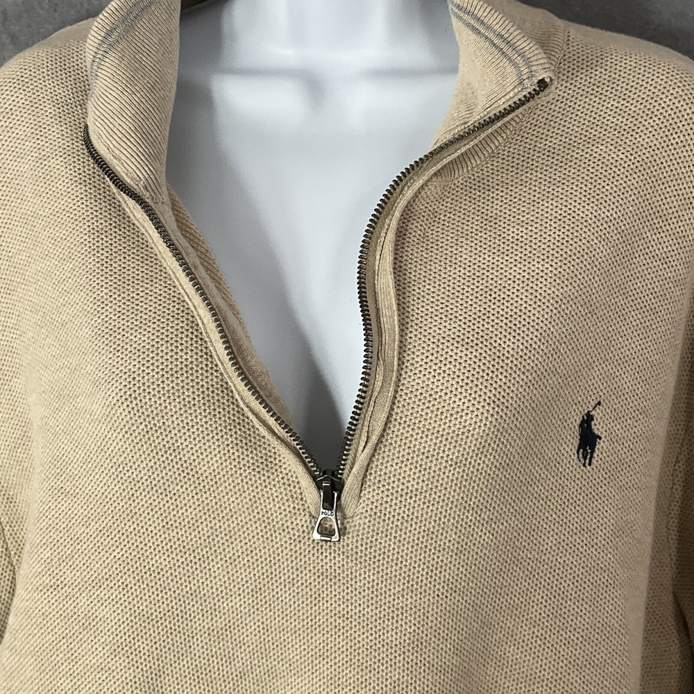 Polo Ralph Lauren Sweater Mens XL Beign 100% Cotton Knit Mock Neck Zip Pullover - Picture 4 of 10